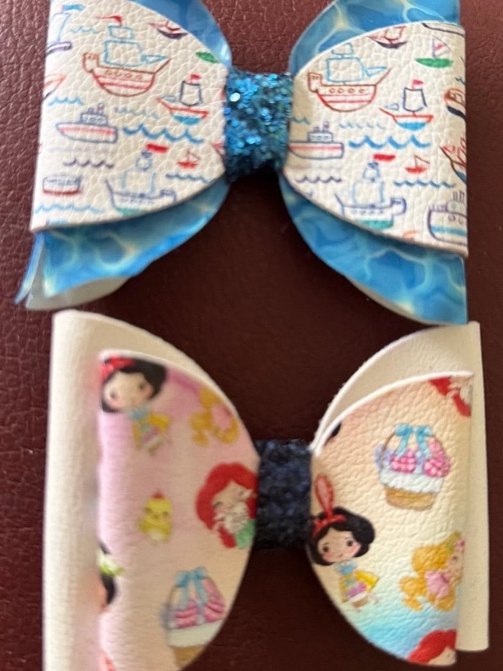 Kids Glitter Center Bow Hair Clips - Blue & White Nautical and Princess Prints